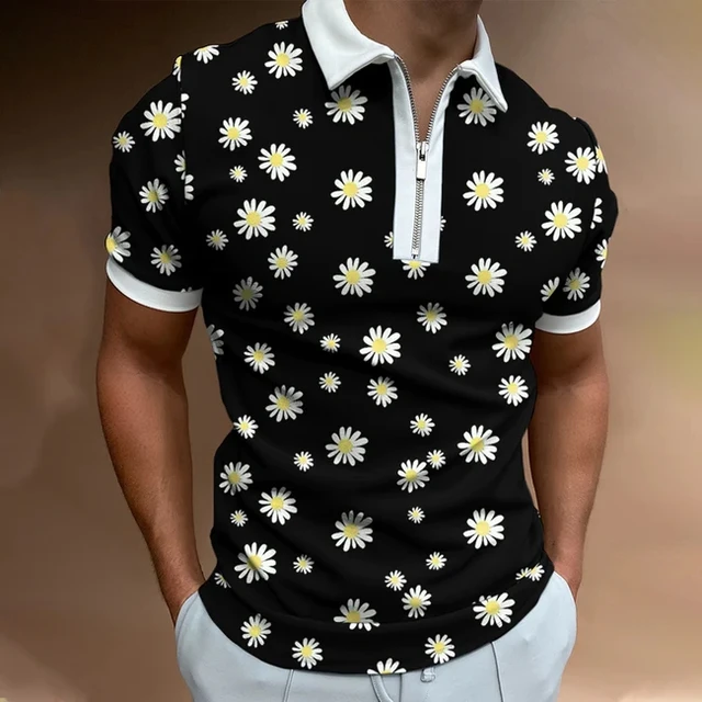 플러스 사이즈와 대비 색상이 포인트인 남성용 꽃무늬 식물 프린트 폴로 셔츠