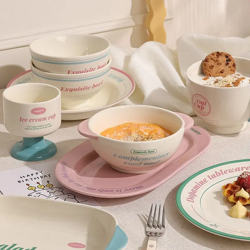 Tableware Bowl Plate Set Home Use,Including Bowls,Rice,Double Ear, Dividing Plates, Dessert Cups,High Aesthetic Value