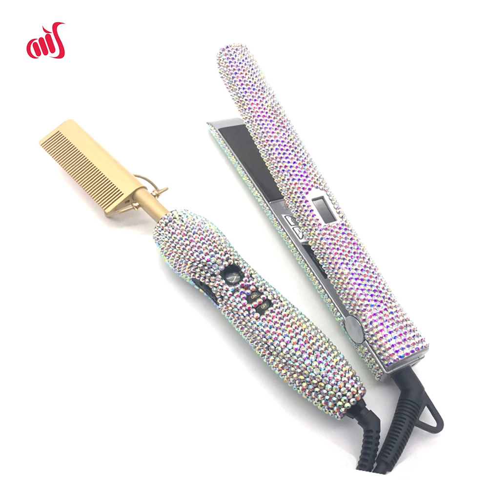 Hair Straightener and Hot Comb Set with Rhinestone High Heat Flat Iron straighter Combo peigne chauffant lisseur Lisseur Cheveux 3