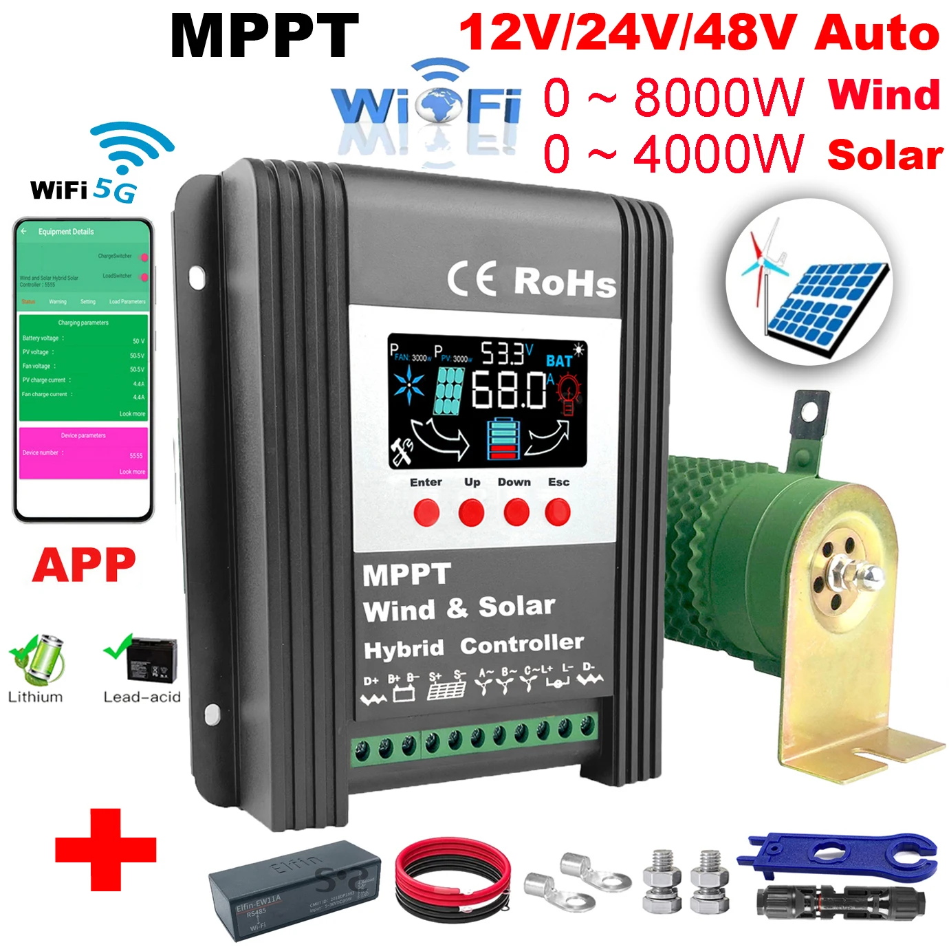 

12V 24V 48V 2000W 3KW 4KW 6KW MPPT Hybird Wind Solar Charge Controller Wind Generator Regulator For Lifepo4 Lithium Lead Acid