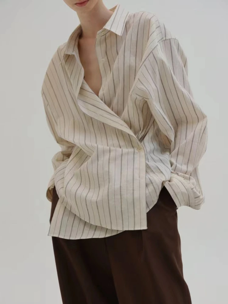 

Spring/Summer 2022 Niche Asymmetric Design Lapel Striped Women Shirt High Quality Elegant Fashion Tops Casual Blouse