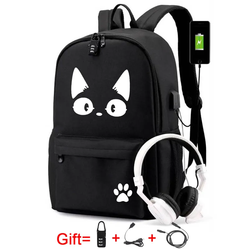 Black Cat Printed USB Backpack With Chain Headphone Port School Bags Travel  Laptop