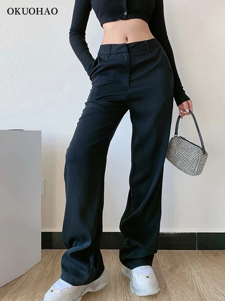 Pantalones clásicos para mujer, trajes harajuku de cintura holgados, negros, a la moda, pantalones de pierna recto ancho Traf y2k - AliExpress Ropa de mujer