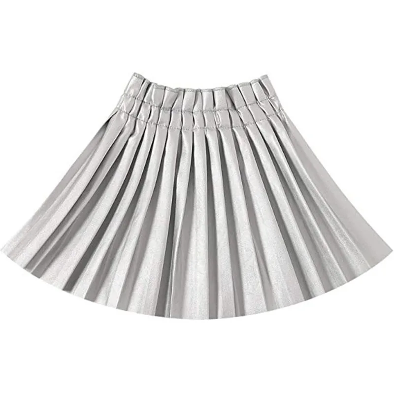 2-14Y Pleated PU Leather Skirt For Girls Fashion Solid Pink Mini Skirt Student Summer Elastic Waist Korean Girls Faldas