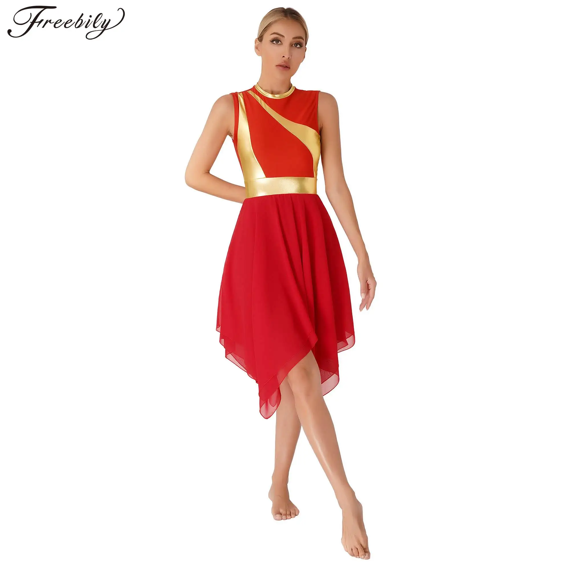 

Women Ballet Dance Dress Lyrical Modern Contemporary Dance Costume Color Block Irregular Dance Dress Ballroom Dancewear