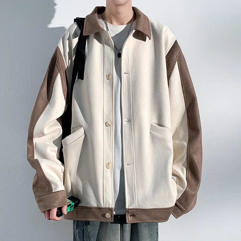 

Men's Spring and Autumn Suede Lapel Patchwork Safari Style Jacket Retro Loose Large Size Contrasting Colors Lapel Collar Jacket