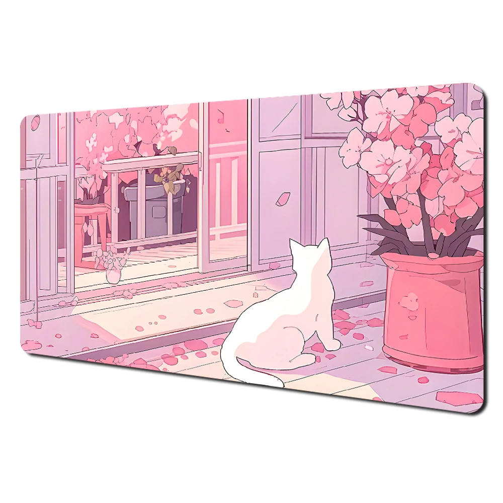 Cute Pink Kawaii Non-Slip Gaming Desk Mat with Durable Stitched Edges for Office and Gaming Use