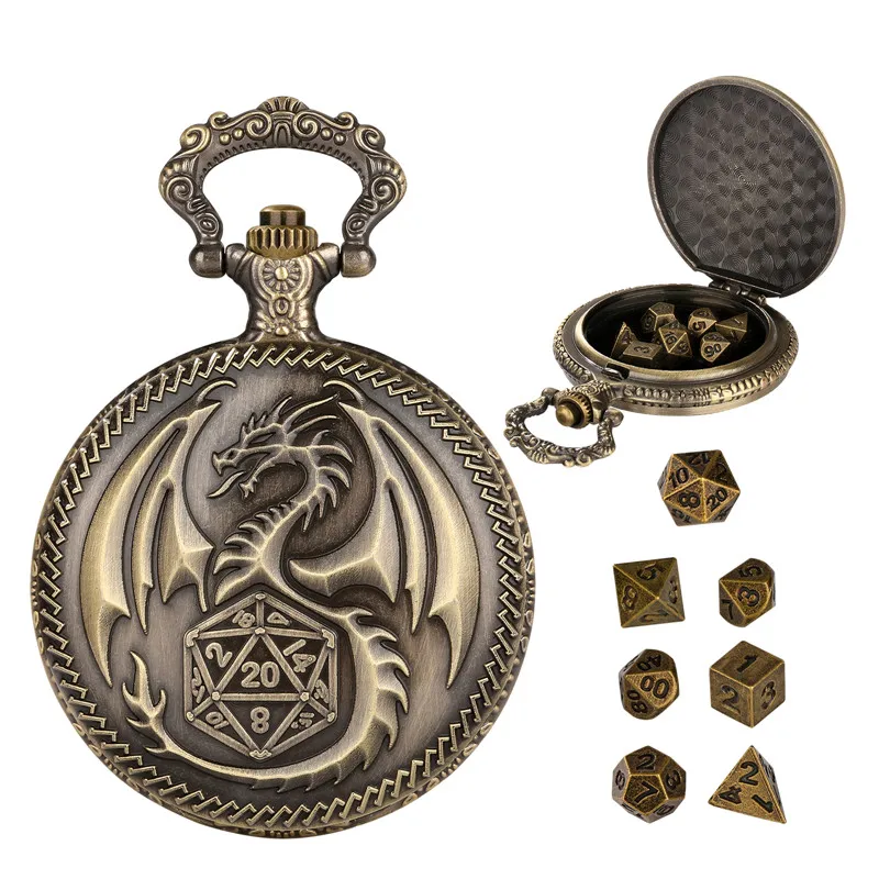 Vintage 7 x polyedrische Würfel aus Metall mit bronzefarbenem Drachen-Taschenuhrengehäuse, Unterhaltung, Rollenspiel, Würfel-Anhängerkette – Detail 2