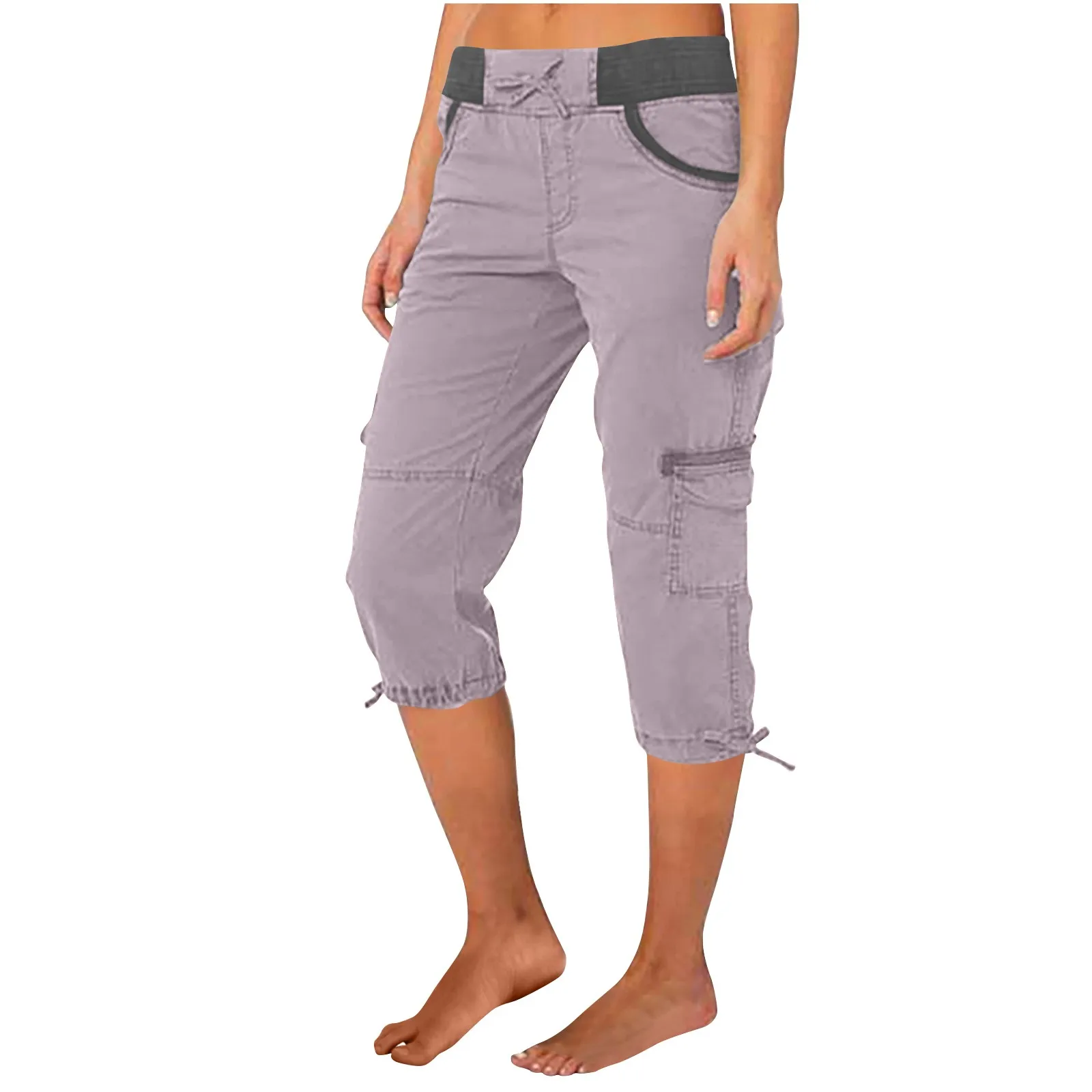 Casual Women'S Pants Color Blocking High Waisted Drawstring Pocket Workwear Pants Capris Women'S Sumer Clothes штаны карго