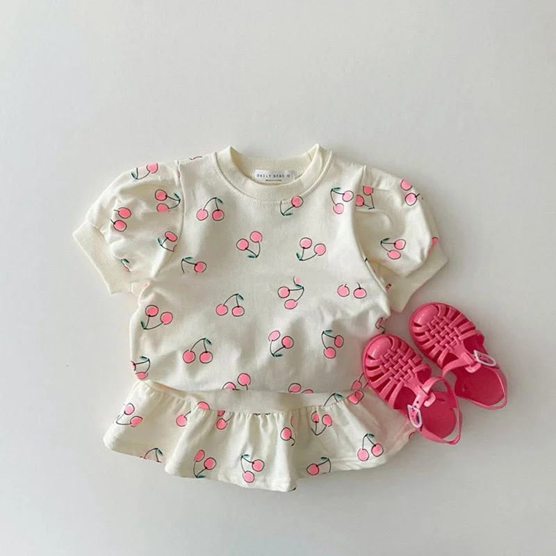 

5357C Korean Children Clothing Set 2023 Summer Fashion Girl's Cherry Suit Short-sleeved T Shirt +Skirt Two-piece Suit