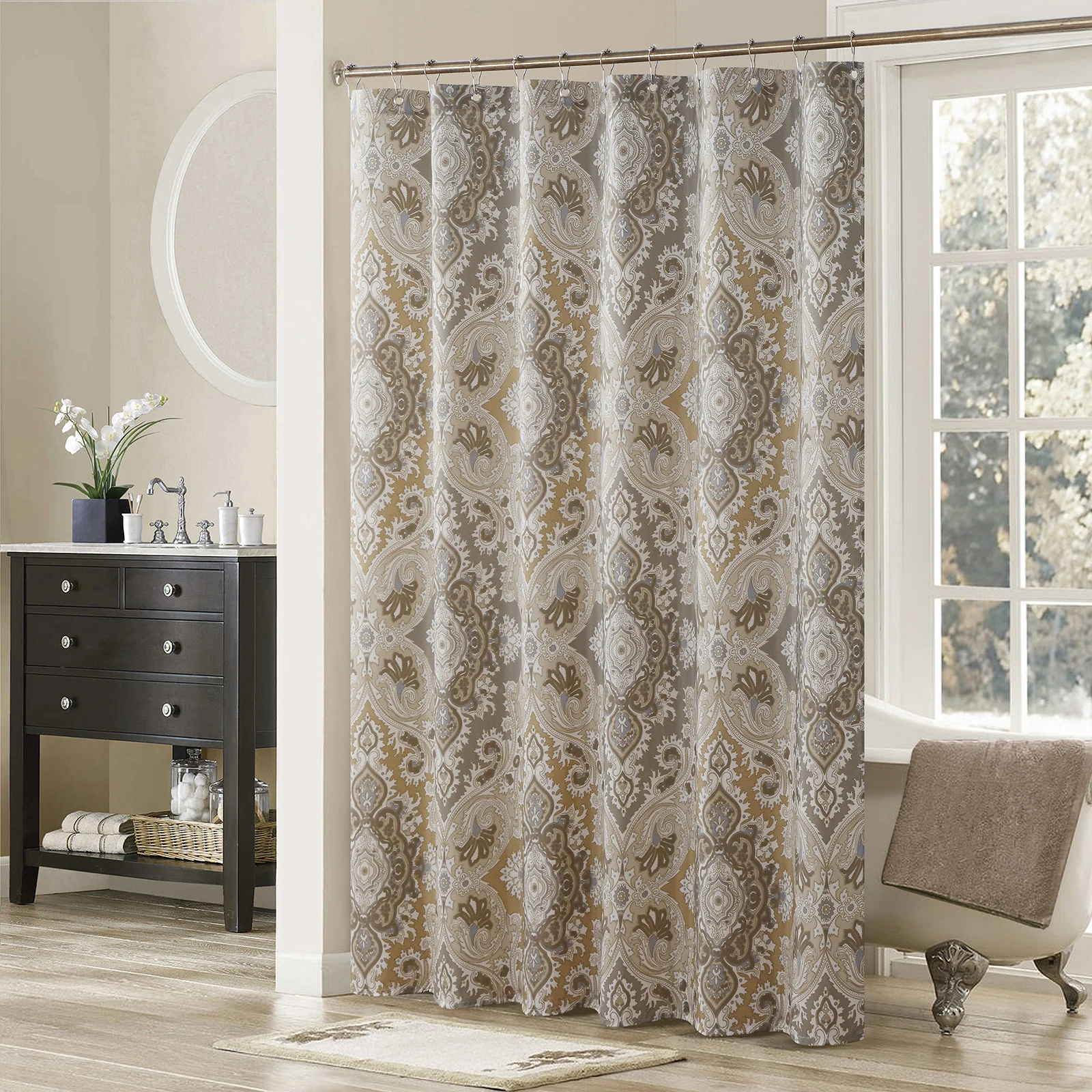 Palermo Farmhouse Khaki Classic Polyester Waterproof Fabric Paisley Vintage Printed Decorative Taupe Shower Curtain