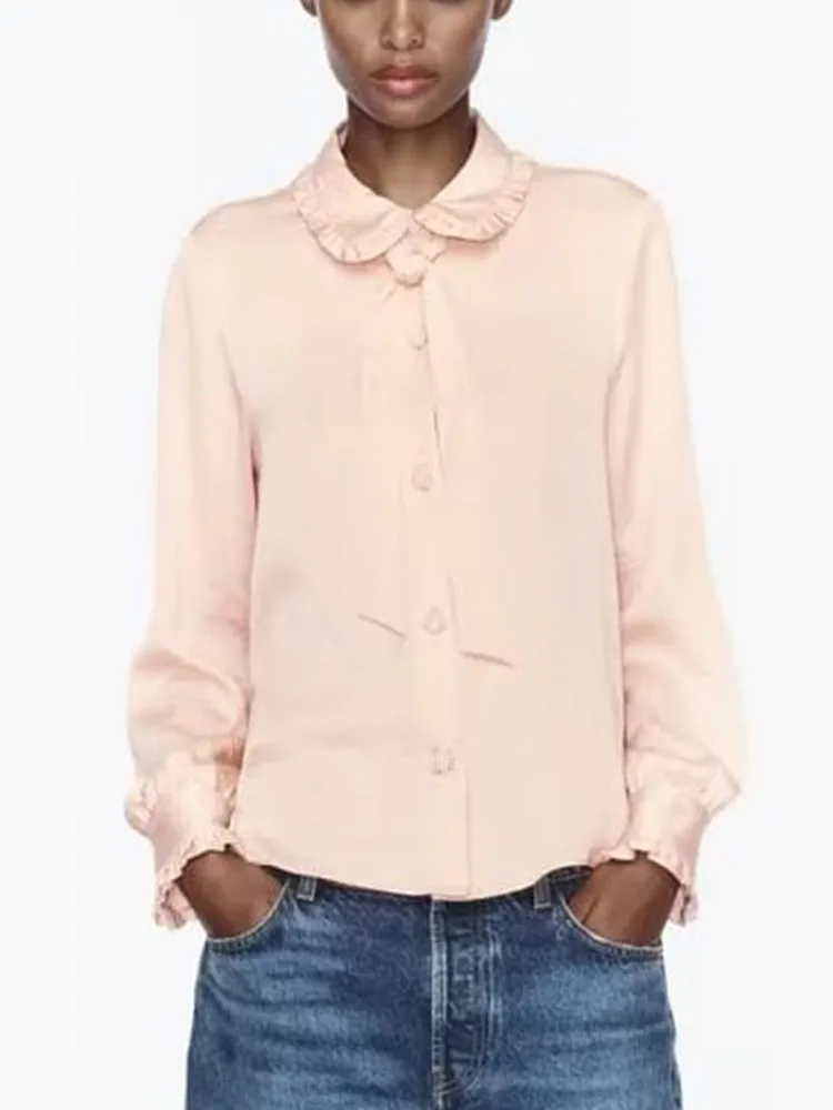 

TRAF Pink Ruffles Collar Blouses for Ladies Chic Women Sweet Pearls Buttons Lace-up Decoration Shirt Daily Commuting Tops