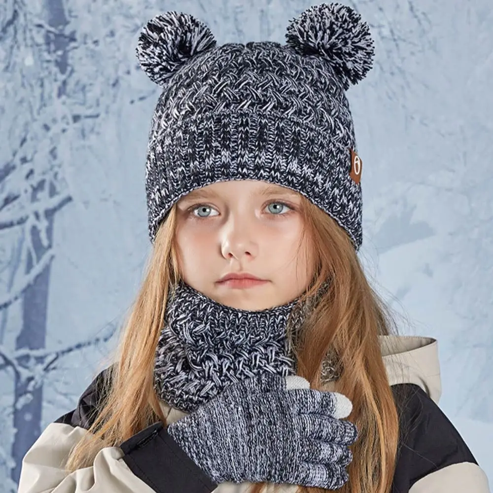 Fashion Winter Kids Hat Gloves Scarf Set Warm Knit Beanie Hat with Pom Thickened Children Fleece Lined Set