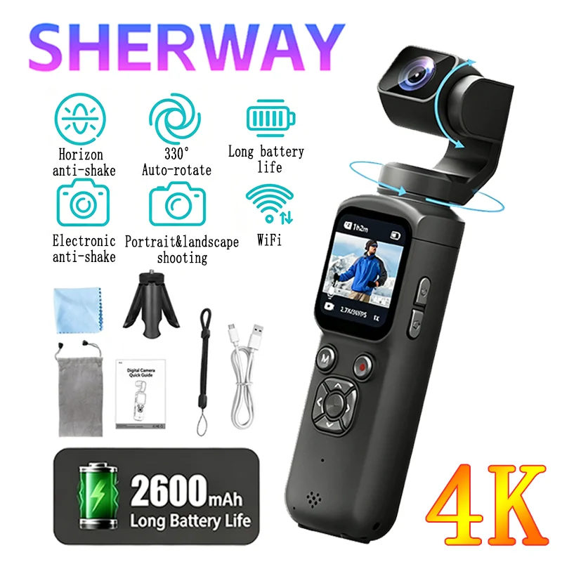 4K Pocket Action Camera 330° Auto-rotate Len Sport Camera Touchscreen Zoom Cam Face Tracking Portable Vlog Video Recorder Moto