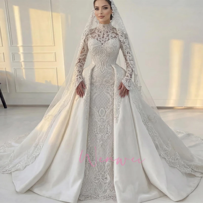 High Neck Long Sleeves Embroidery Decal A-line Design Beauty Elegant Wedding Bride Dress Shimmering Customized vestidos de novia