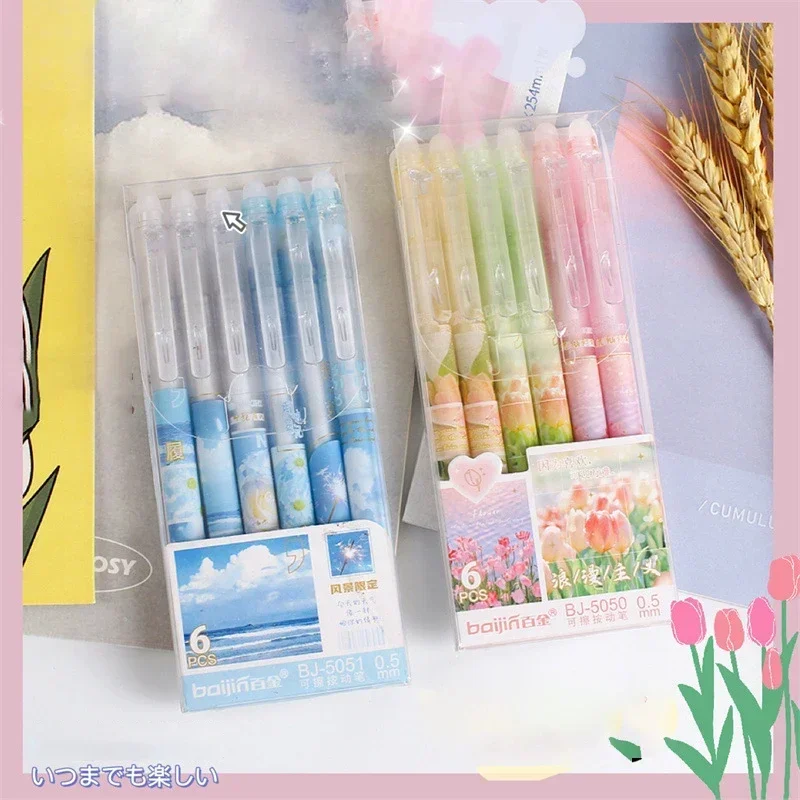 Erasable Gel Pens Romantic Flowers Blue Black Ink Signature Pens Erasers 0.5mm Cute Writing Tools Office School 6pcs