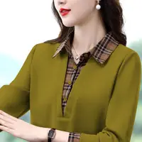 Mom Outfit Spring and Autumn Fashion New Lapel Sweat Shirt Plaid Splicing Buttons Loose Comfortable Versatile Long Sleeves Tops - Image 2