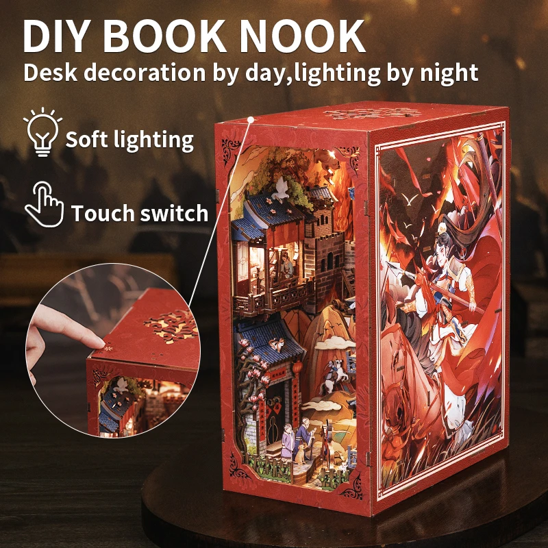 100500754 DIY 3D Puzzle Wooden Dollhouse with Light Dust Cover The Legend of Mulan Chinese Style Bookshelf Insert Decor for Gift 2