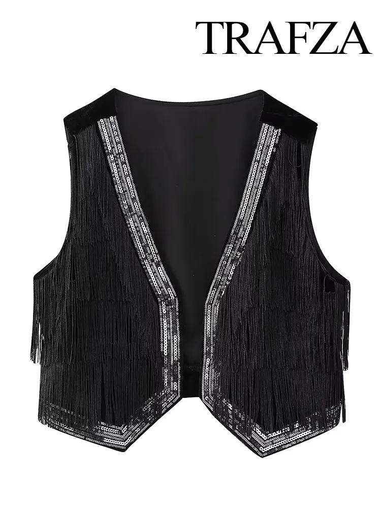 

TRAFZA 2024 Spring Women Fashion Vests Velvet Sequins Tassel Solid Loose Short Cardigan Coat Woman Chic Vintage Female Vest