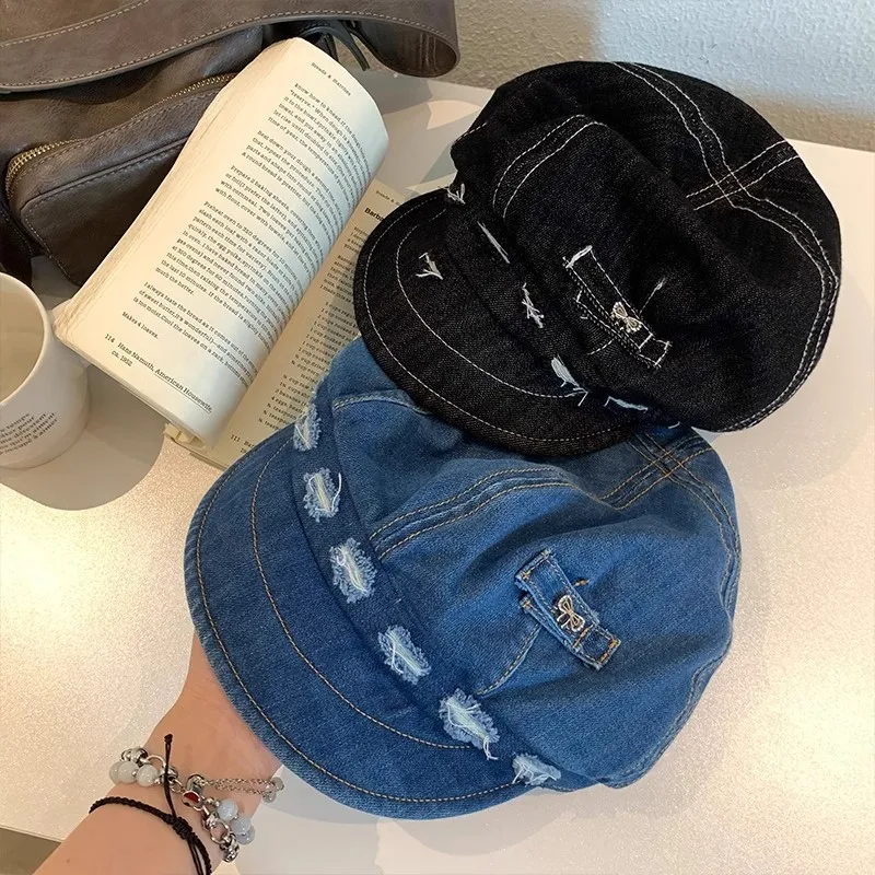 Octagonal Hats for Women Denim Newsboy Hats for Woman Spring Summer New Travel Versatile Niche Octagonal Berets