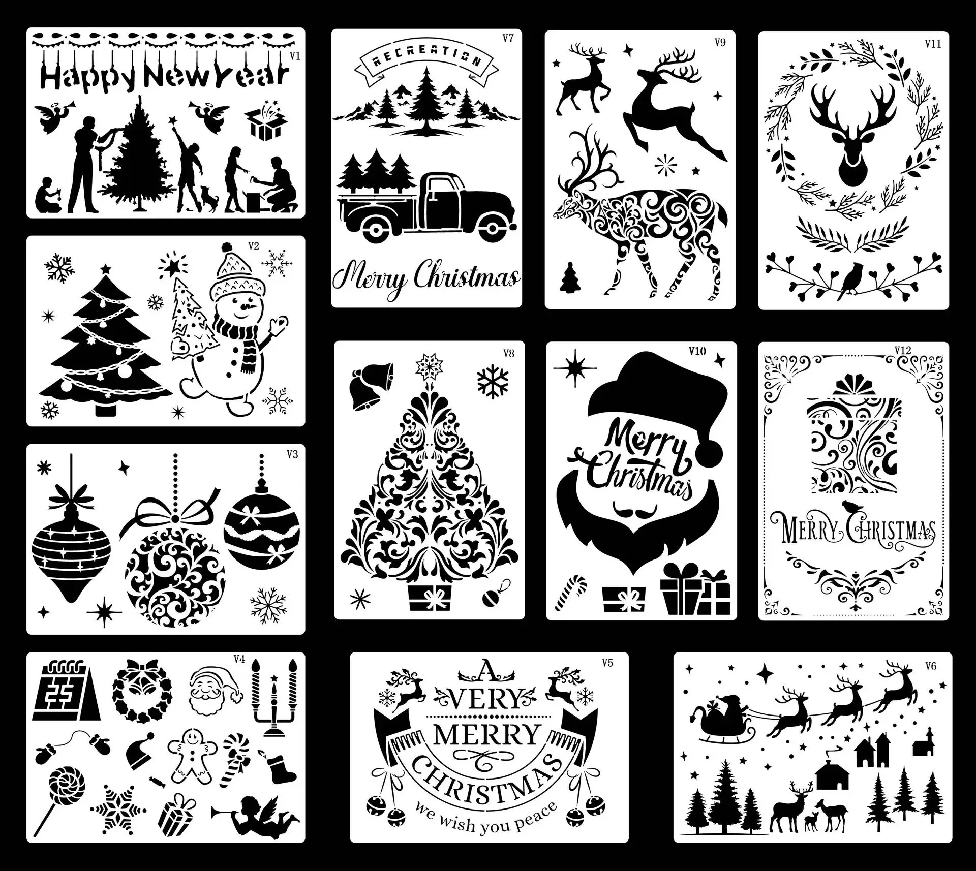 12pcs Christmas Stencils Template Reusable Plastic Xmas Stencils for Painting Spraying Window Glass Door Car Body Wood DIY Craft