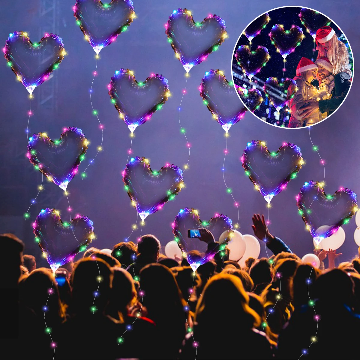 

10Pcs LED Christmas Bobo Balloons Inflatable Clear Heart Bubble Luminous Balloons with Sticks for Wedding Birthday Party Decor