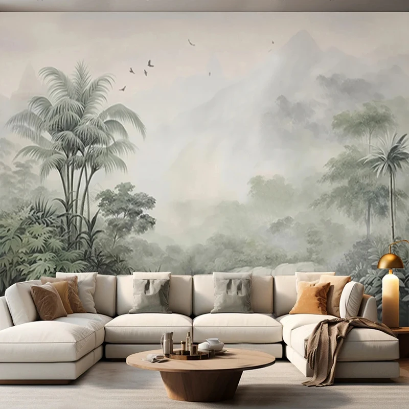 Plantas Verdes Tropicais Mural Wallpaper Coconut Trees Distantes Pássaros da Montanha Restaurantes Clubes Ktv Bar Murais de Personalidade Moderna 3d