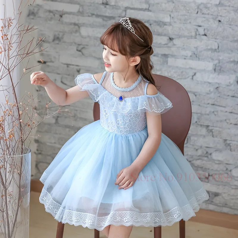 

Girls Princess Mesh Layers Cake Blue Dress Kids Sequin Elegant Party Tutu Prom Wedding Vestidos Summer Children Ruffles Clothes