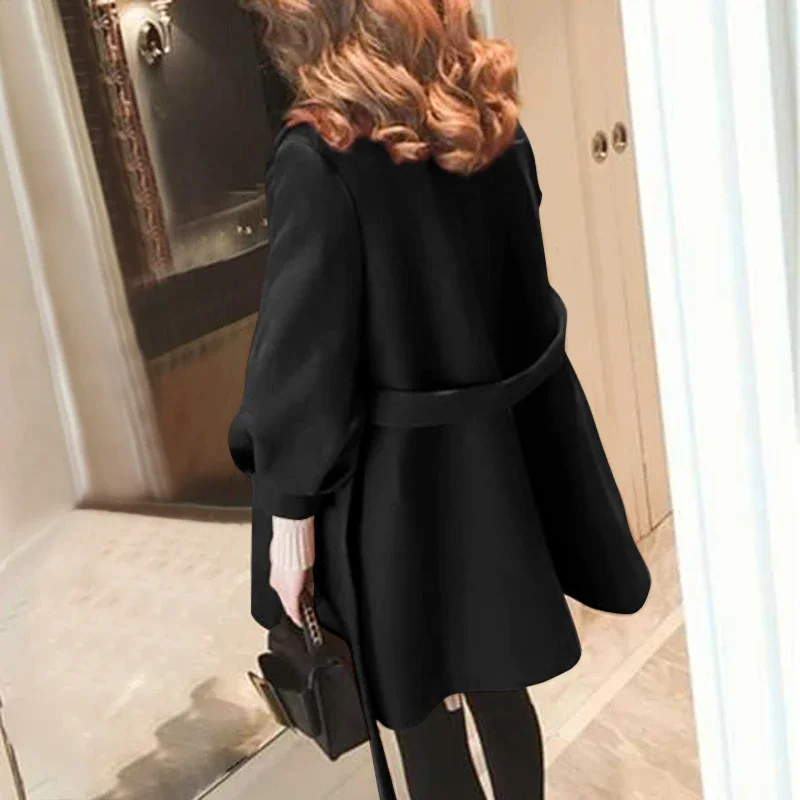 Wool Coat Fashion with Waist Wide Loose Jacket Solid Color Puff Sleeve Jacket Korean Chic Cardigan Autumn and Winter New