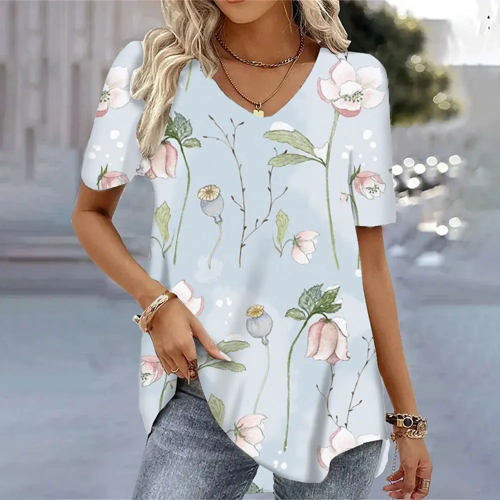 

2024 New Women Loose Short-Sleeved T-Shirt V-Neck Fashion Summer Casual Tees Top Women's Oversized Top Tee Shirts Plus Sizes