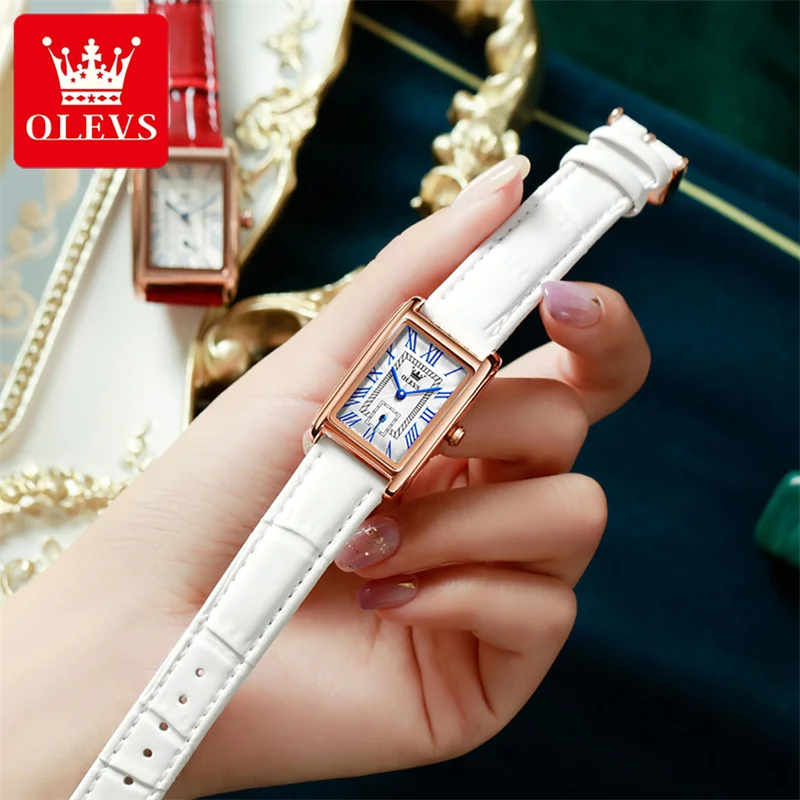 Rectangular Rose Gold Women Watches OLEVS Exquisite Ladies Wrist Watch Fashion Woman Quartz Clock Red Leather Relogio Feminino