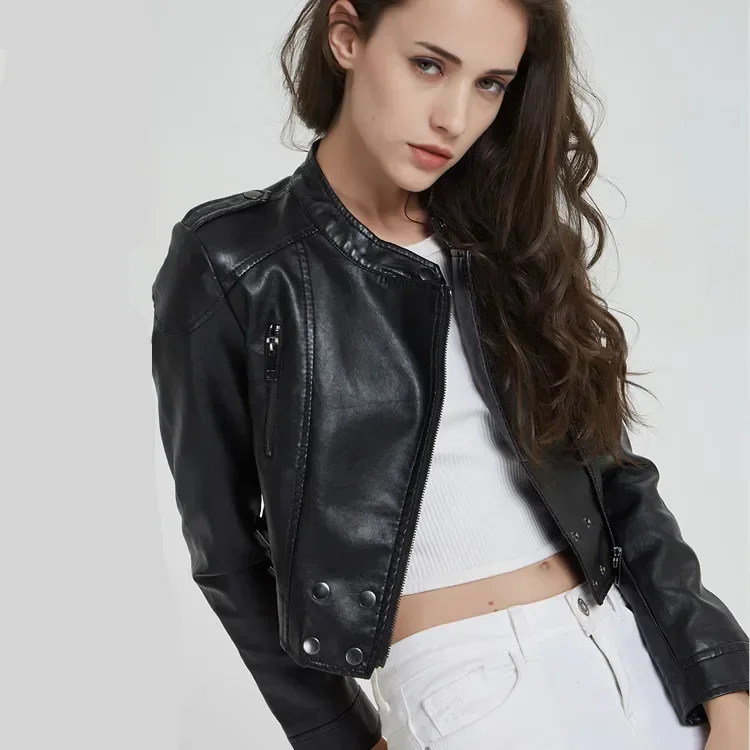 

Ladies PU Leather Short Slim Stand Collar Female Motorcycle Jacket Faux Leather Moto Biker Jacket Fashion Streetwear Female Coat
