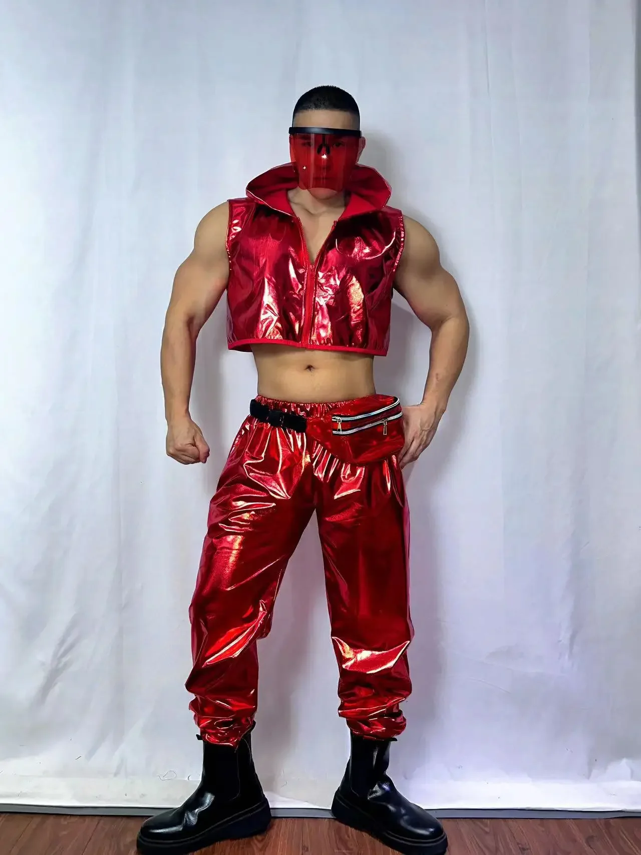 Red Leather Vest Pants Outfit Nightclub Bar Gogo Men Singer Hip Hop Jazz Street Dance Costume Dancer Groups Stage Party Club Set