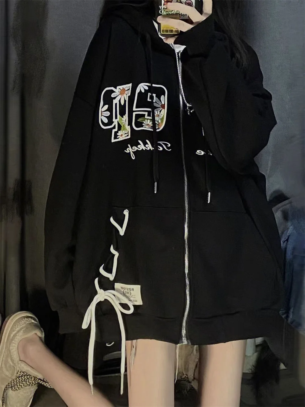

Fashion Spring Embroidery Bandage Hoodie Women Harajuku Kpop Jacket Loose Tops Autumn Hooded Sweatshirt Zip Up Hoodie Streetwear