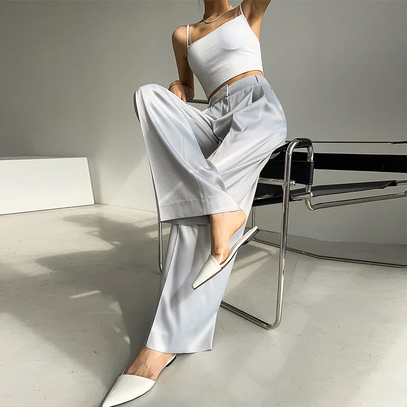 Satin Ice Silk Wide-Leg Pants Women's 2023 New Summer Thin Chiffon Cuprammonuium Narrow Board Straight Suit Pants