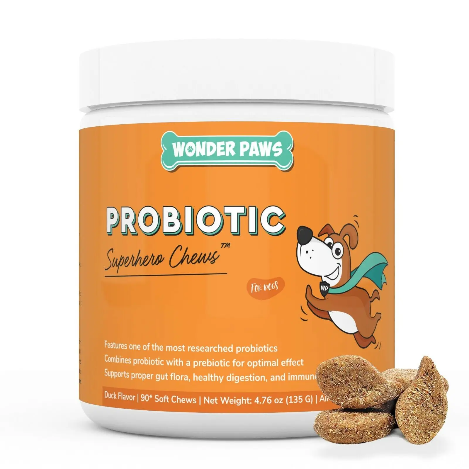 Wonder Paws Probiotic Chews for Dogs, Supports Gut Health, Digestion, Gas, Constipation, 90 Chews