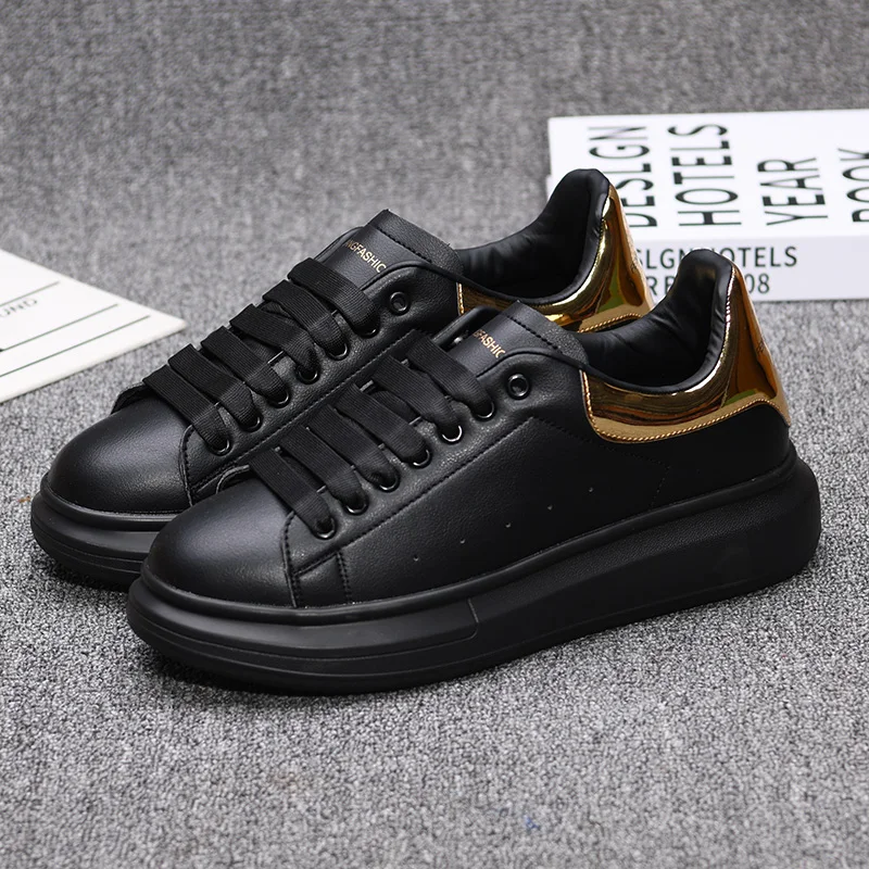 Fashionable casual shoes for couples, black and gold leather sneakers, outdoor tennis sneakers, luxury brand sneakers