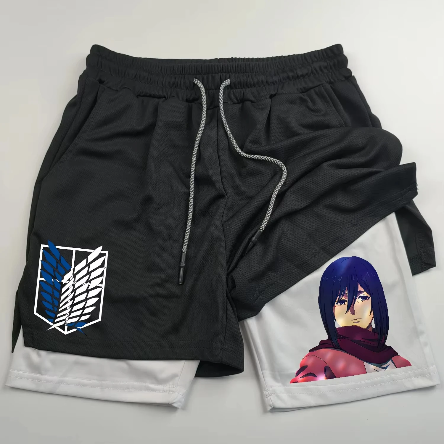 2-in-1 sports shorts anime Attack on Titan men's shorts quick drying breathable sports fitness shorts outdoor running gym short 6