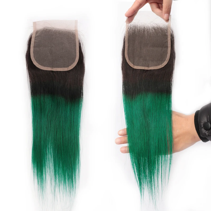 Peruvian Straight Human Hair Bundles With Closure Ombre T1B/Green Remy Hair Bundles 3/4 Pcs Bundles With 4x4 Lace Closure