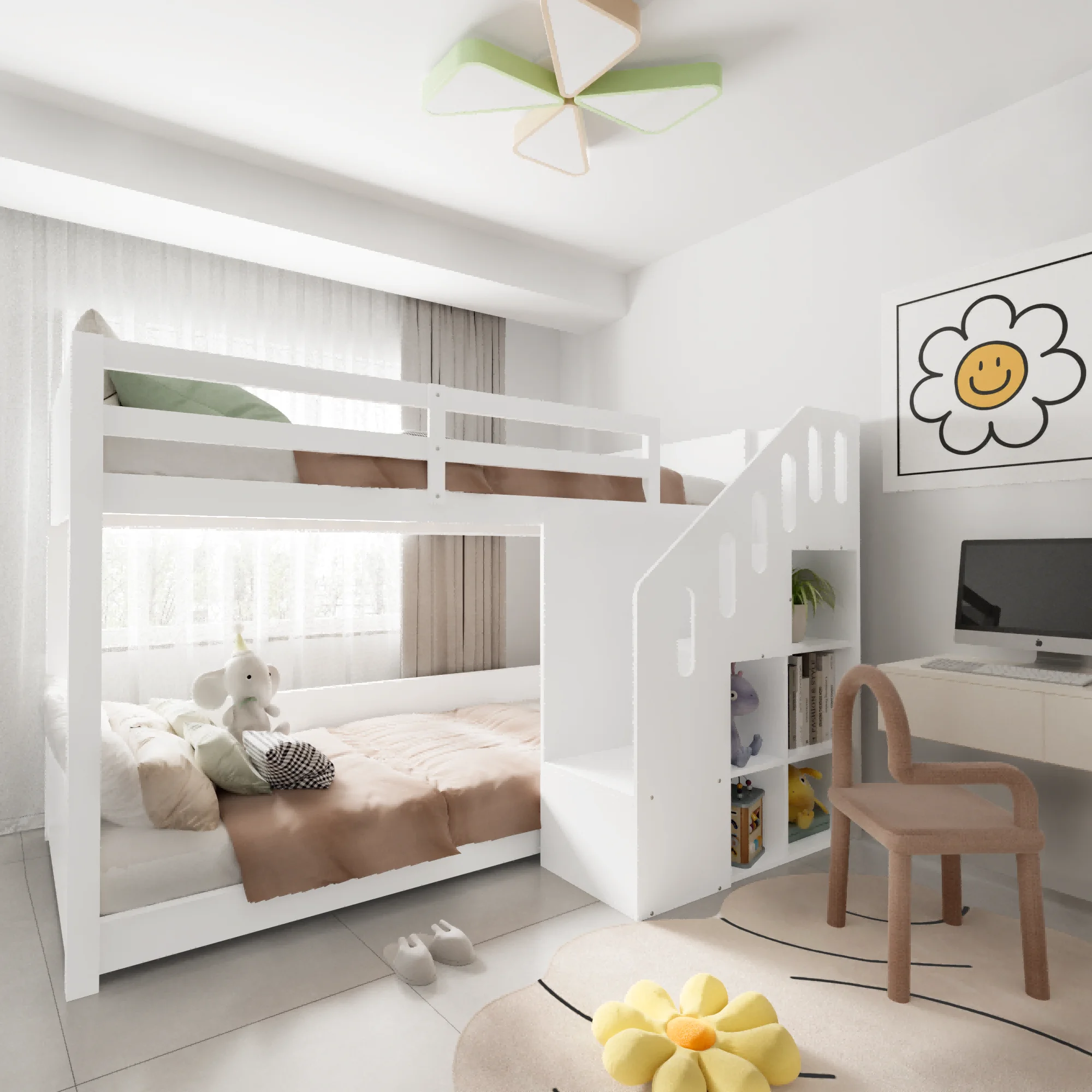 KOMHTOM multifunktionales Kinderetagenbett Doppelbett 90x200cm mit Treppen Schließfächern und stabilem Geländer ohne Matratze – Detail 2