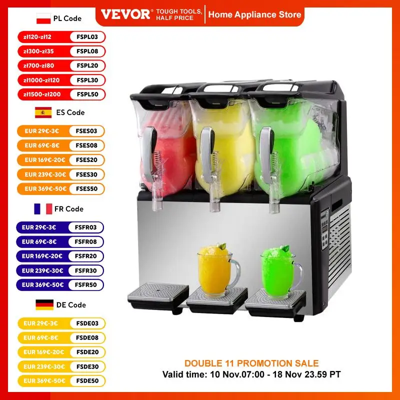 VEVOR Slushy Machine 30L Triple Bowl Margarita Frozen Drink Maker 800W Automatic Clean Day and Night Modes forCafes Restaurants