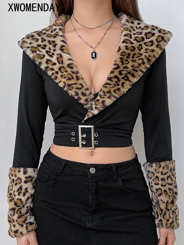 Autumn Women Leopard Faux Fur Crop Top Fashion Bodycon Long Sleeve Tops Sexy Black Deep V Neck T-shirts Vintage Streetwear Y2k