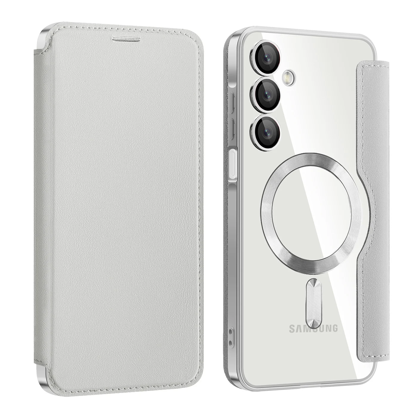 Premium Flip Magnetic Leather Case with Wireless Charging & Transparent Card Slot