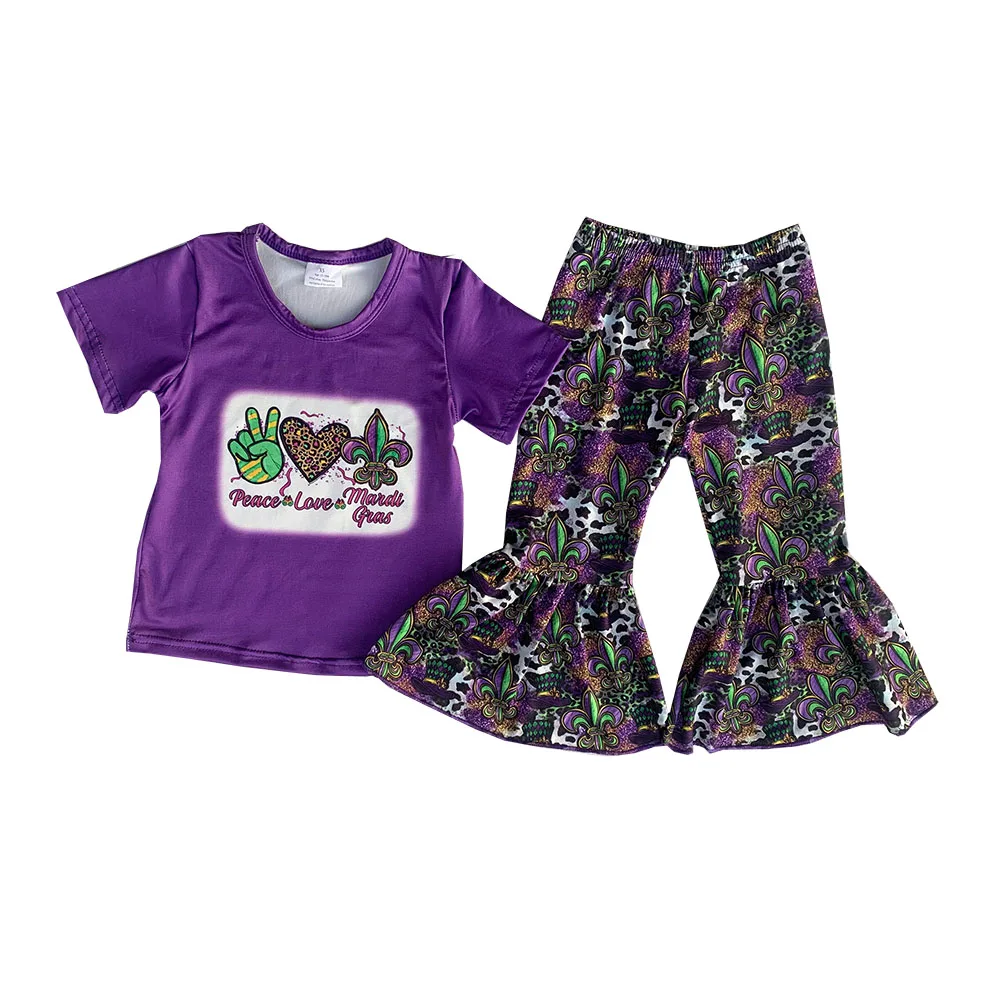 

Wholesale Kids Mardi Gras Outfits Purple Short Sleeve Top Bell Bottom Pants Girls Sets