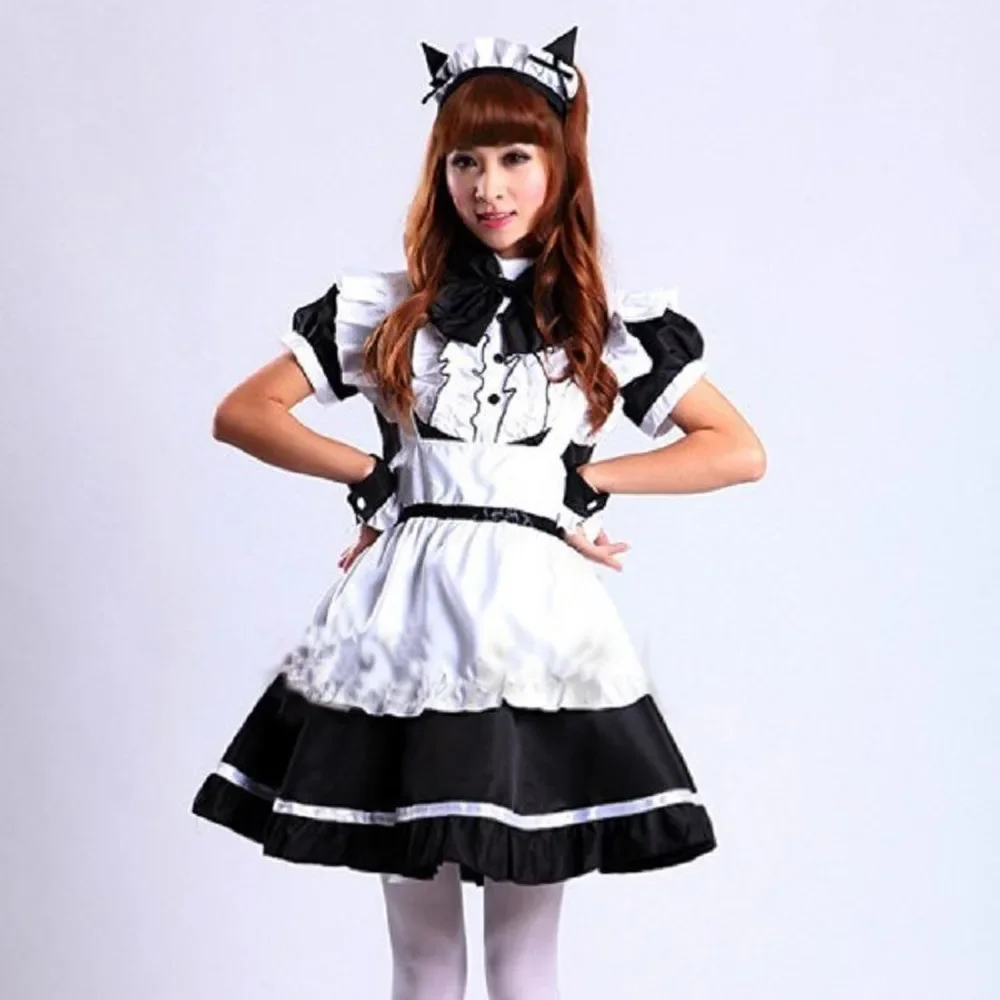 

Women Cat Ear Maid Outfit Lolita Dresses Falbala Apron Dress Cosplay Costume