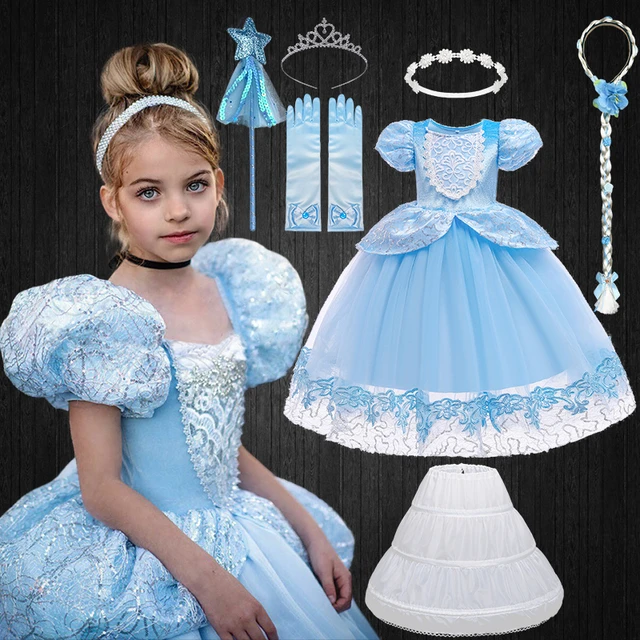 Meninas azul cinderela vestido de verão puff manga bordado vestidos de  flores para meninas princesa fantasiar