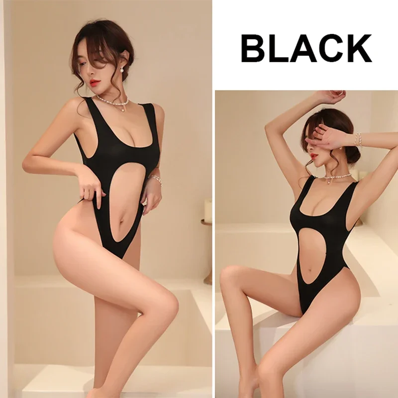 Women’s Sexy One-Piece Micro Bodysuit – Open Crotch High Cut Swimsuit Lingerie, Sleeveless Stretch Monokini Pajamas Black/White