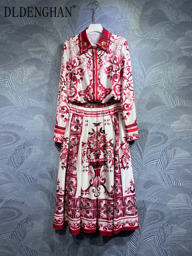 

Женские костюмы DLDENGHAN на весну и лето, рубашка с отложным воротником и длинным рукавом и юбка-трапеция, комплект из двух предметов с красным принтом