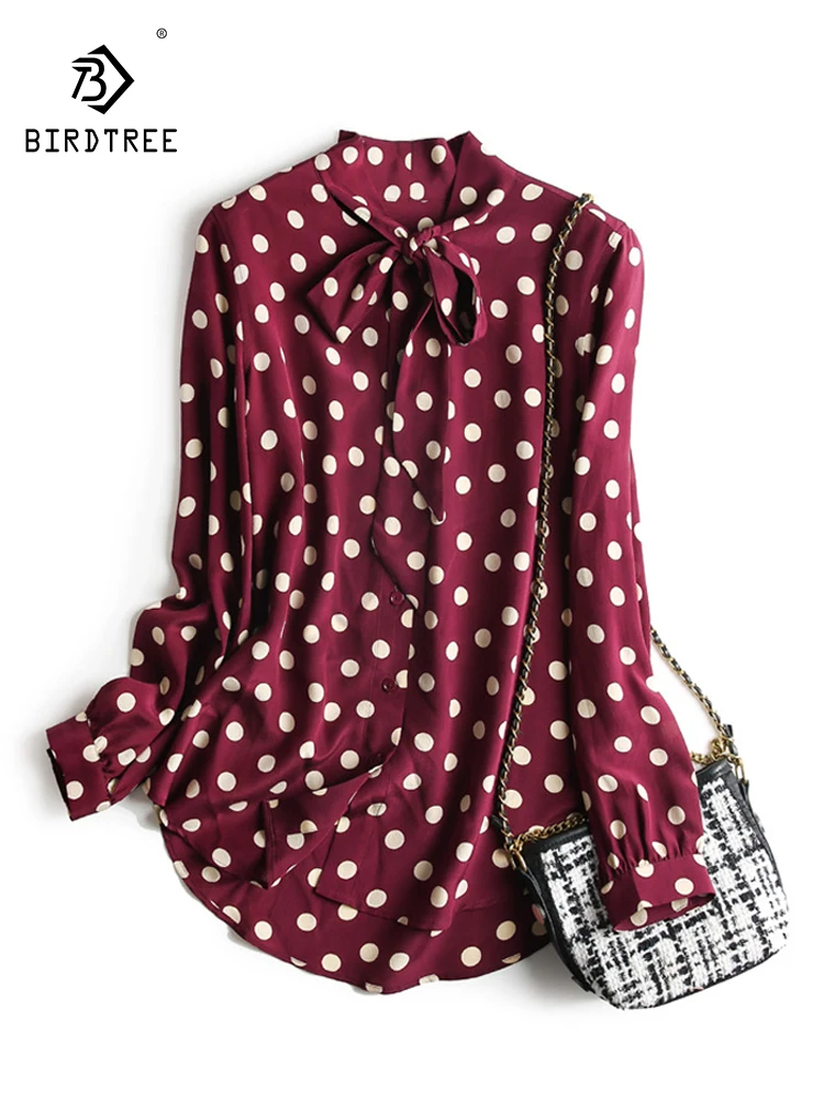 

Birdtree 100%Mulberry Silk Print Shirts Woman Polka Dot Long Sleeve Bow Collar Blouses 2023 Spring Autumn New Top Wine T38327QC