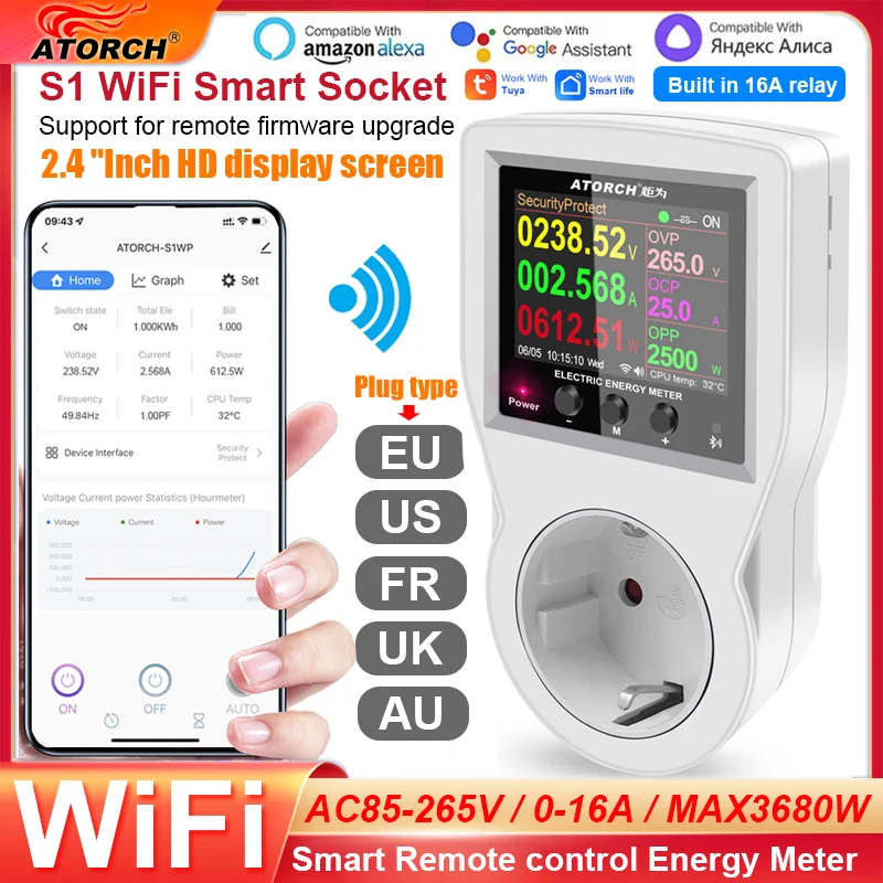 ATORCH AC 220V Tuya Smart Life WiFi Socket Digital Power Frequency Energy Meter Electric Time Controller Amp KWh Remote Switch Watmeter